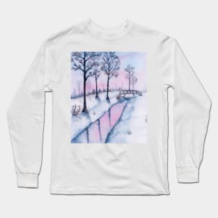 Winter landscape Christmas watercolor Long Sleeve T-Shirt